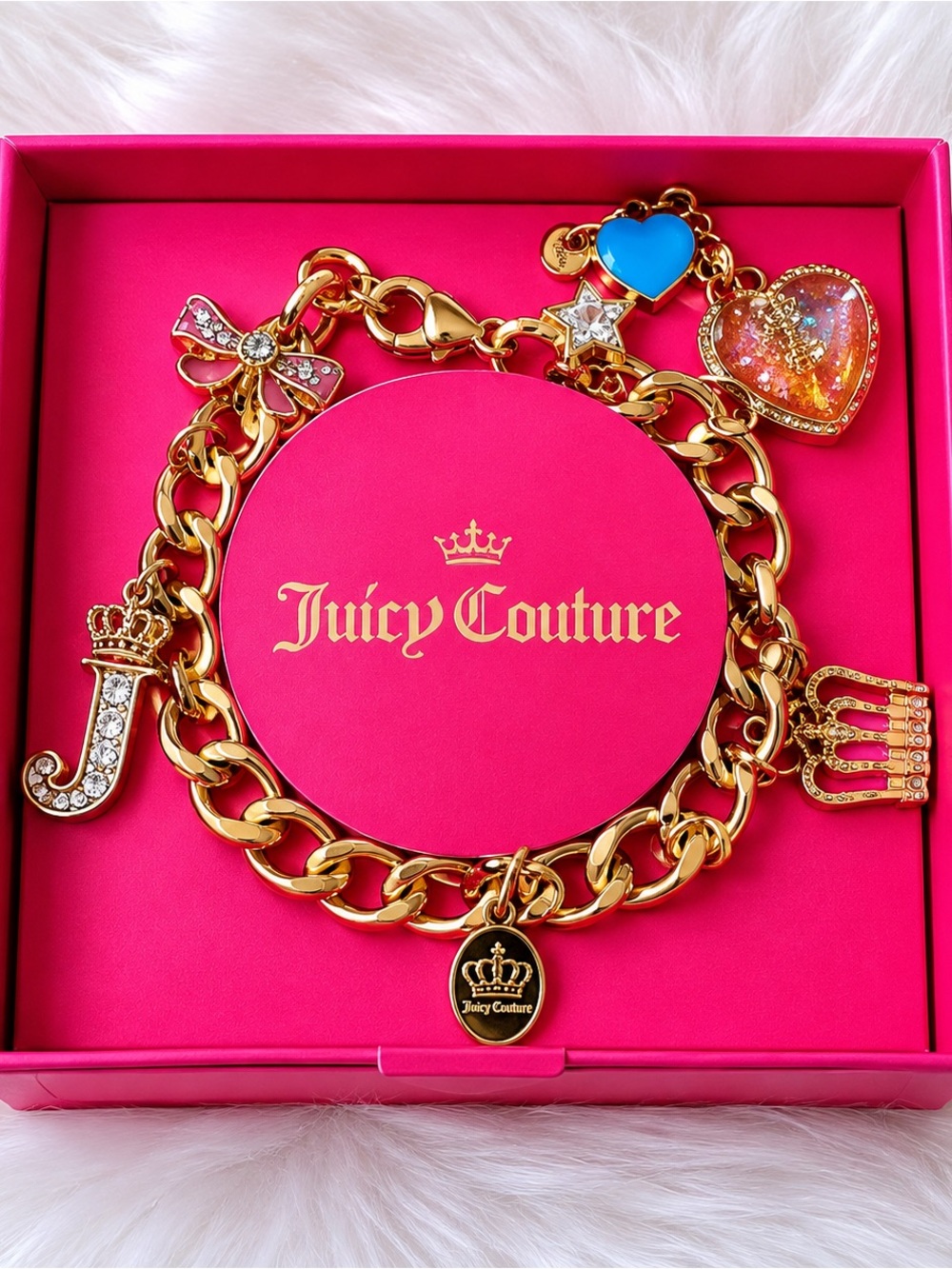 Juicy Couture Gold Charm Bracelet with Pink and Blue Accents